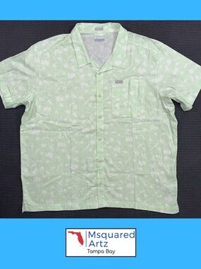 Columbia Green Floral Lizard Print Button Up Shirt XXL Short Sleeve